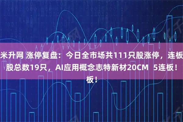 米升网 涨停复盘：今日全市场共111只股涨停，连板股总数19只，AI应用概念志特新材20CM  5连板！